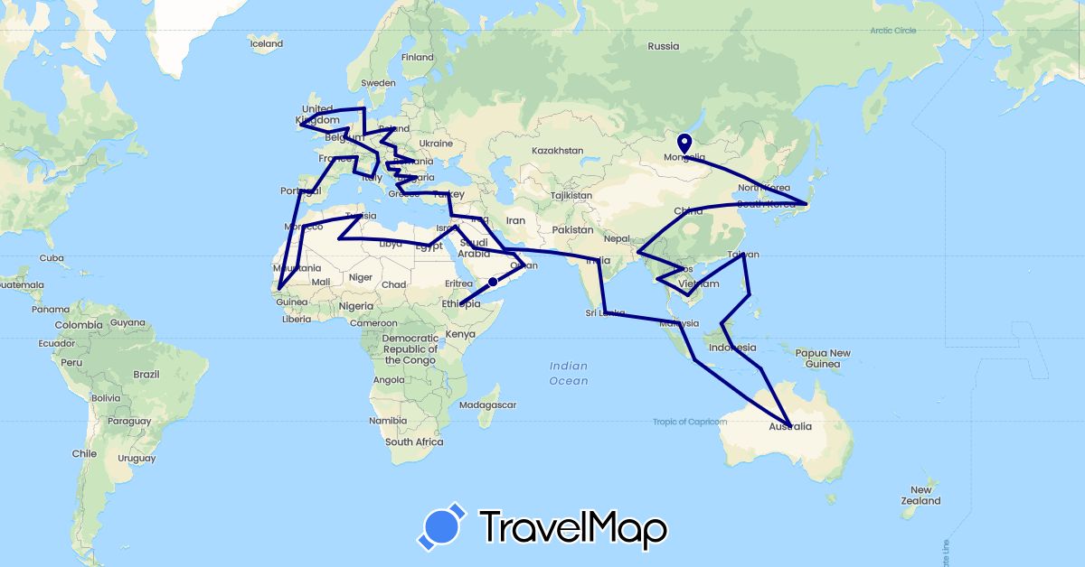 TravelMap itinerary: driving in Bangladesh, Bulgaria, Brunei, Denmark, Indonesia, India, Iraq, Kuwait, Lebanon, Sri Lanka, Morocco, Myanmar (Burma), Malaysia, Philippines, Qatar, Senegal, Taiwan (Africa, Asia, Europe)